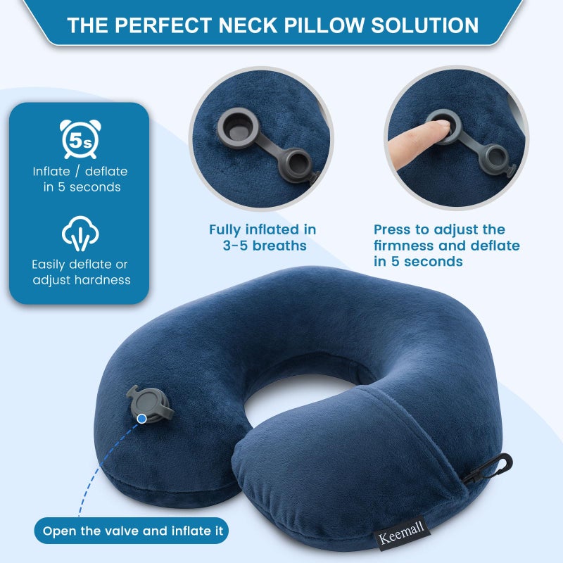 Keemall Travel Neck Pillow for Airplane, Compact Inflatable Neck Pillow for Traveling Long Flights, Adjust Firmness Neck Suport Pillow for Sleeping Plane Head Rest for Travel Accessories,Deep Blue - Image 2